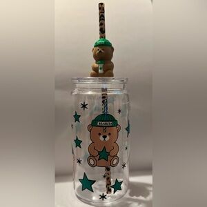 16oz Acrylic Bearista Themed Clear tmbler with, matching straw and topper.